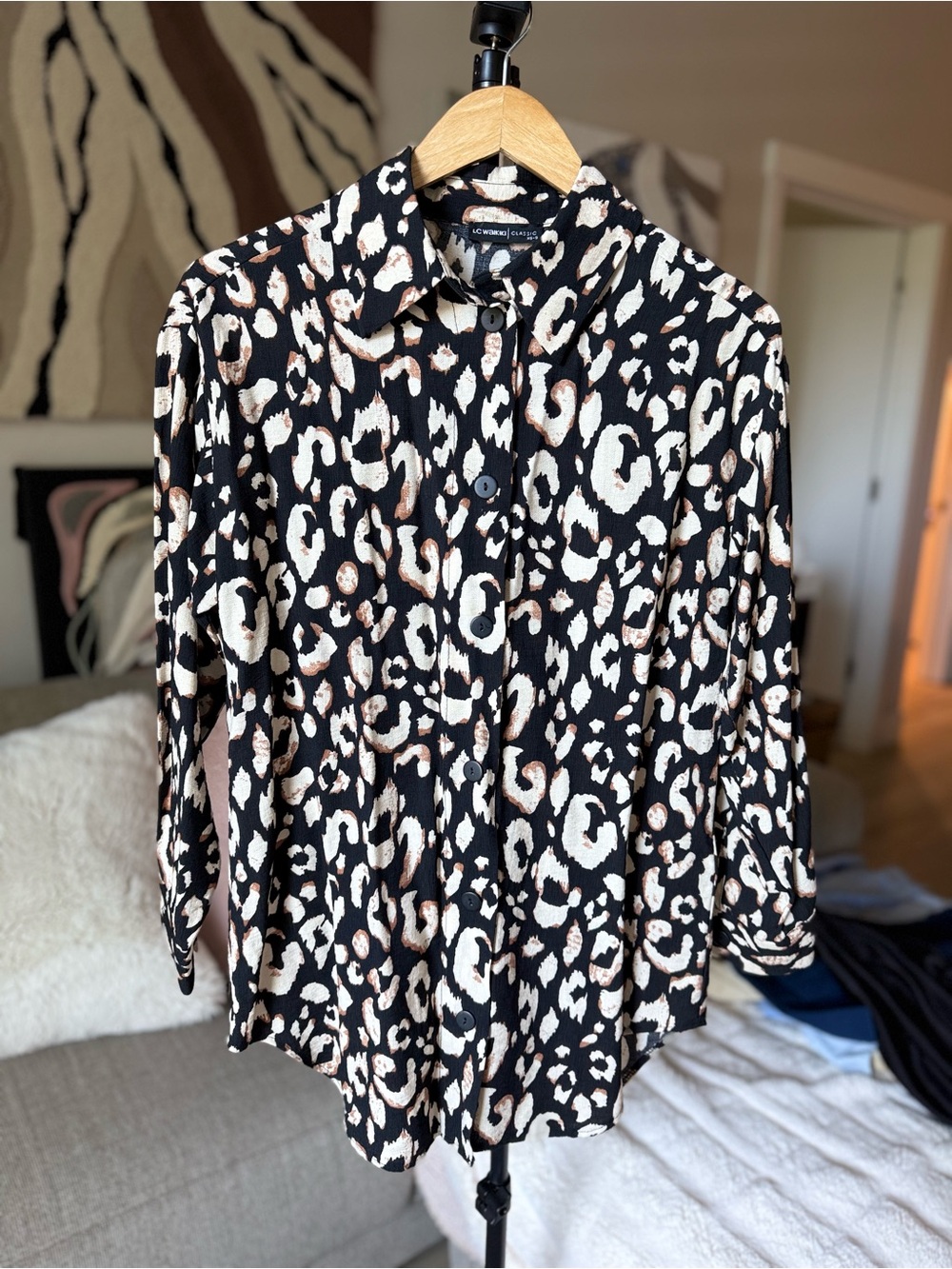 Equipment Leopard-Print Button-Down Blouse in Black and Cream